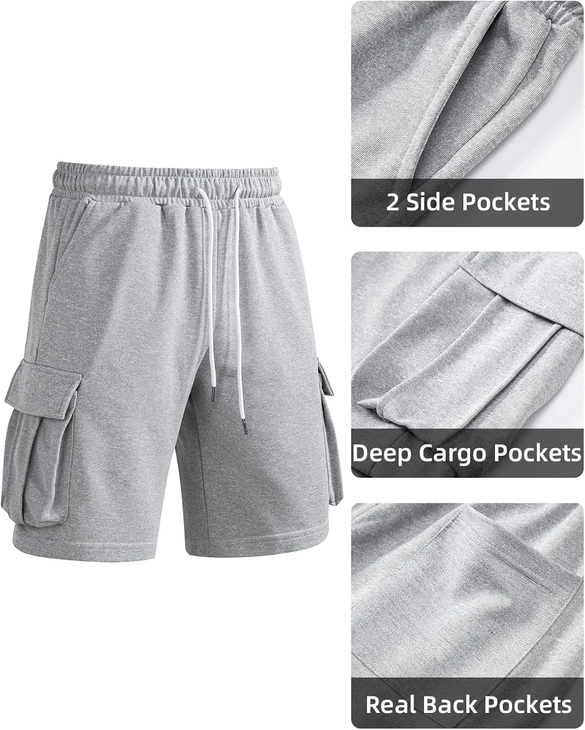 A WATERWANG Men's Cargo Sweat Shorts Casual Drawstring Elastic Waist Athletic Workout Gym Jogger Shorts with 5 Pockets