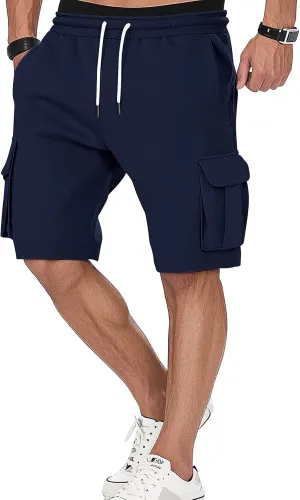 A WATERWANG Men's Cargo Sweat Shorts Casual Drawstring Elastic Waist Athletic Workout Gym Jogger Shorts with 5 Pockets
