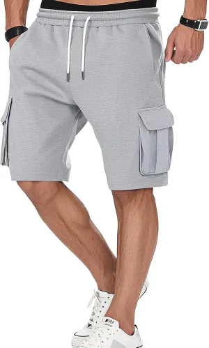 A WATERWANG Men's Cargo Sweat Shorts Casual Drawstring Elastic Waist Athletic Workout Gym Jogger Shorts with 5 Pockets