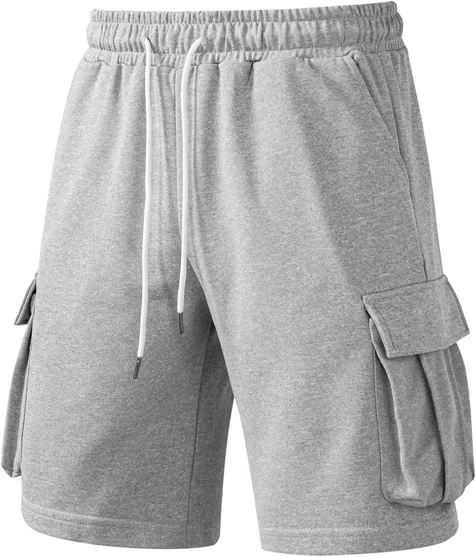 A WATERWANG Men's Cargo Sweat Shorts Casual Drawstring Elastic Waist Athletic Workout Gym Jogger Shorts with 5 Pockets
