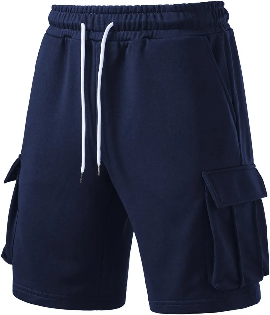 A WATERWANG Men's Cargo Sweat Shorts Casual Drawstring Elastic Waist Athletic Workout Gym Jogger Shorts with 5 Pockets