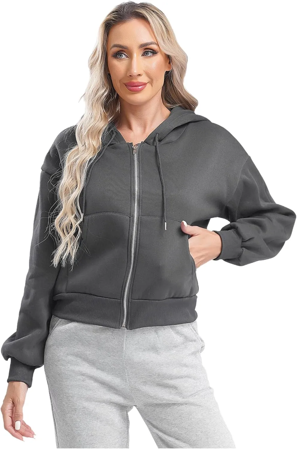 ACSUSS Women's Zip Up Hoodies Fleece Cropped Jacket Drawstring Casual Long Sleeve Hooded Sweatshirts