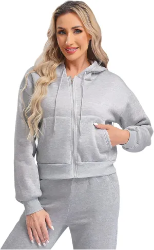 ACSUSS Women's Zip Up Hoodies Fleece Cropped Jacket Drawstring Casual Long Sleeve Hooded Sweatshirts