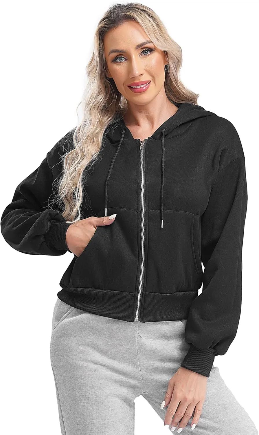 ACSUSS Women's Zip Up Hoodies Fleece Cropped Jacket Drawstring Casual Long Sleeve Hooded Sweatshirts