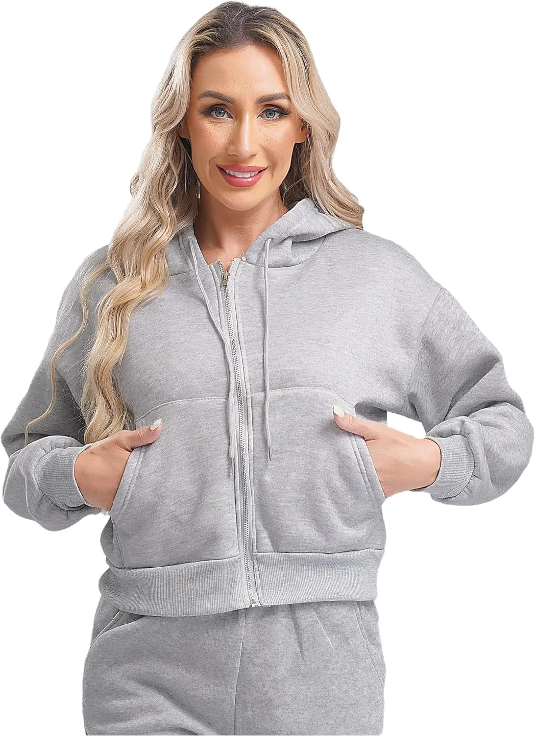 ACSUSS Women's Zip Up Hoodies Fleece Cropped Jacket Drawstring Casual Long Sleeve Hooded Sweatshirts