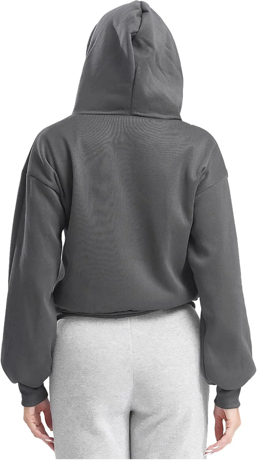 ACSUSS Women's Zip Up Hoodies Fleece Cropped Jacket Drawstring Casual Long Sleeve Hooded Sweatshirts
