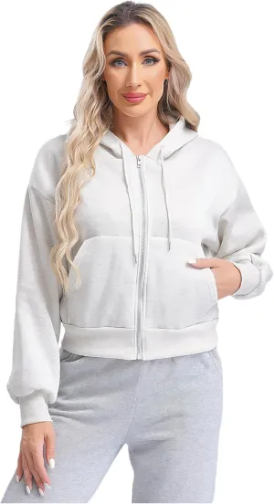 ACSUSS Women's Zip Up Hoodies Fleece Cropped Jacket Drawstring Casual Long Sleeve Hooded Sweatshirts
