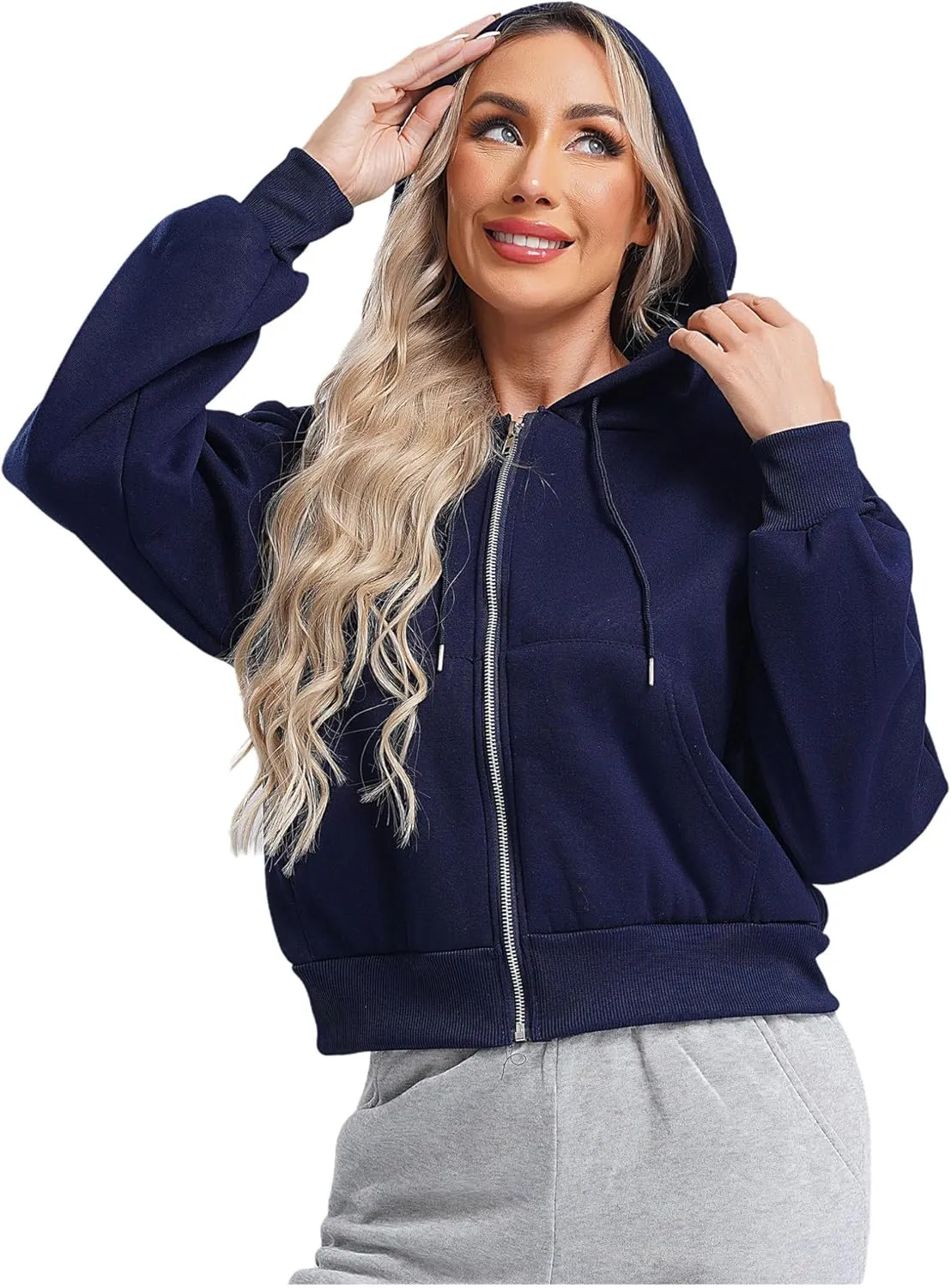 ACSUSS Women's Zip Up Hoodies Fleece Cropped Jacket Drawstring Casual Long Sleeve Hooded Sweatshirts
