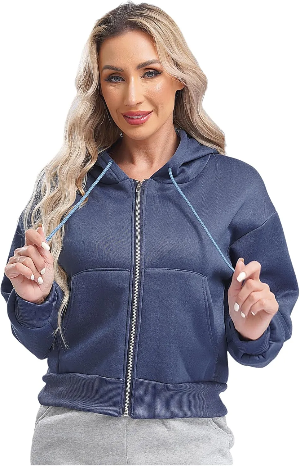ACSUSS Women's Zip Up Hoodies Fleece Cropped Jacket Drawstring Casual Long Sleeve Hooded Sweatshirts