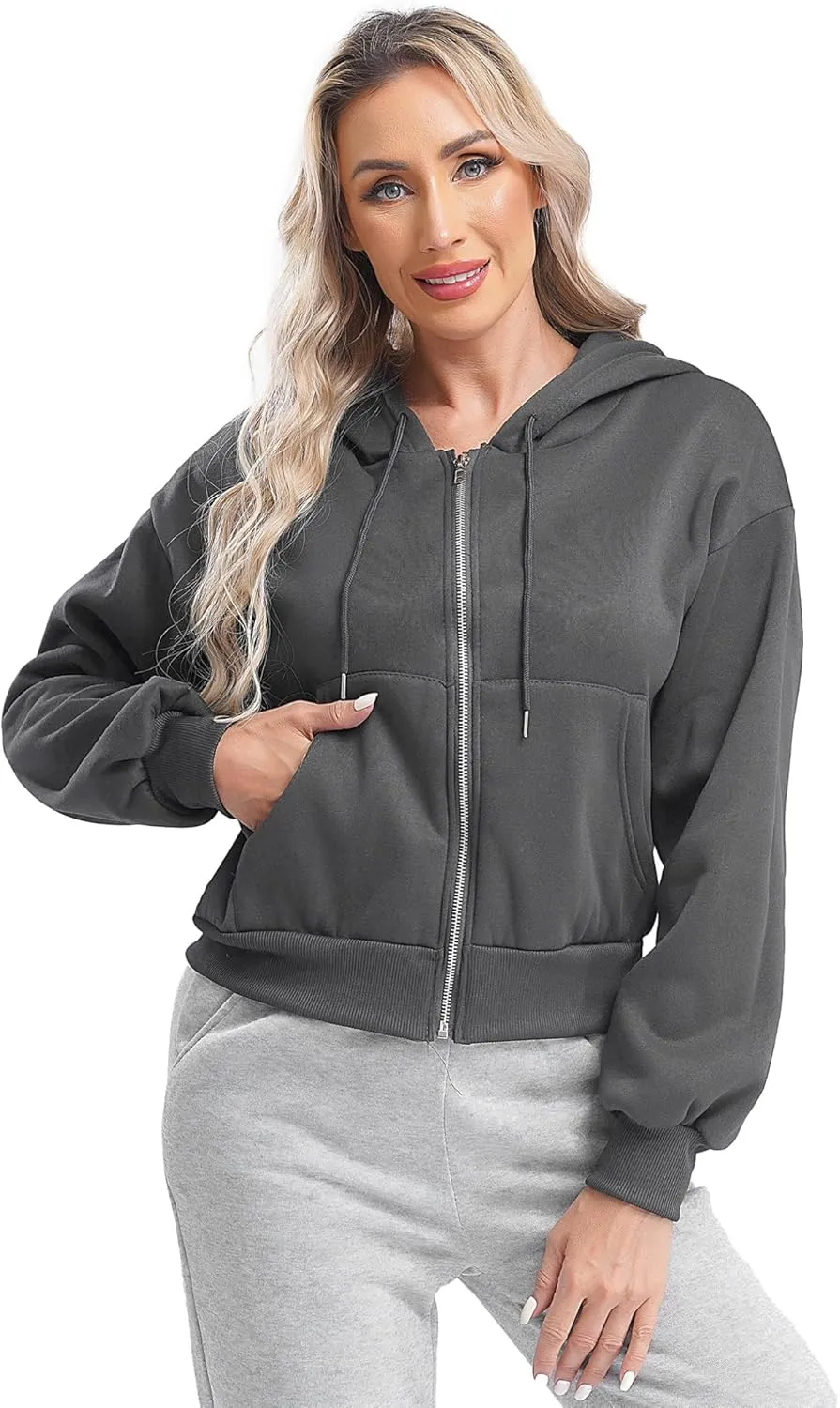 ACSUSS Women's Zip Up Hoodies Fleece Cropped Jacket Drawstring Casual Long Sleeve Hooded Sweatshirts