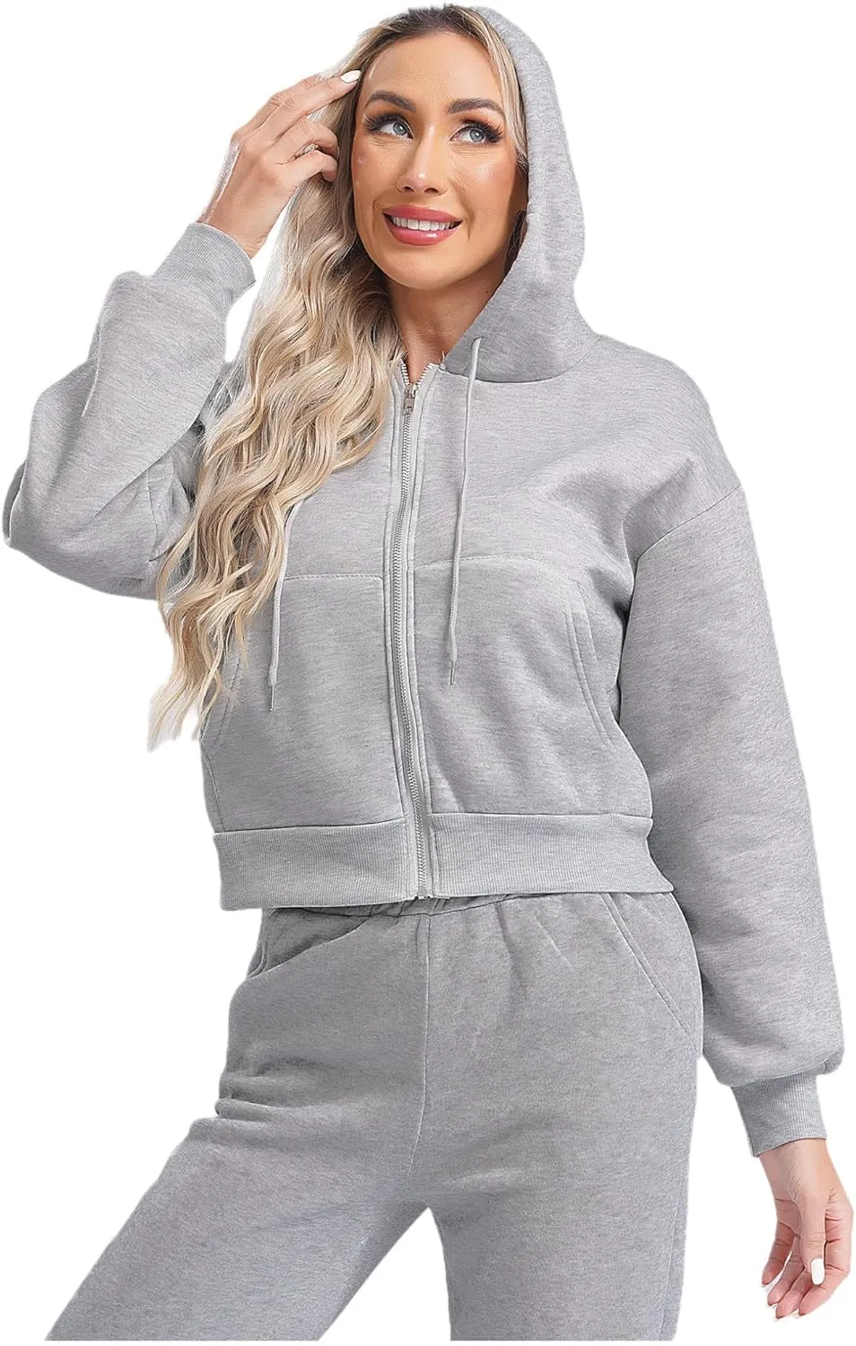 ACSUSS Women's Zip Up Hoodies Fleece Cropped Jacket Drawstring Casual Long Sleeve Hooded Sweatshirts