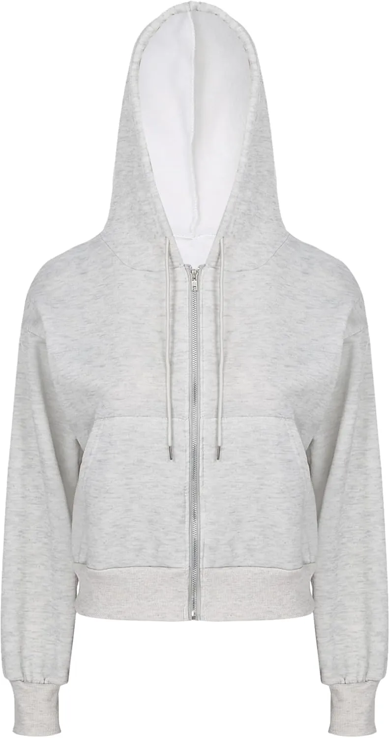 ACSUSS Women's Zip Up Hoodies Fleece Cropped Jacket Drawstring Casual Long Sleeve Hooded Sweatshirts