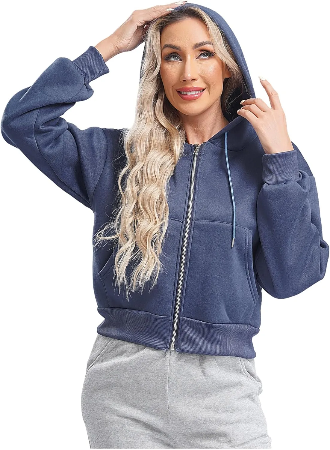 ACSUSS Women's Zip Up Hoodies Fleece Cropped Jacket Drawstring Casual Long Sleeve Hooded Sweatshirts