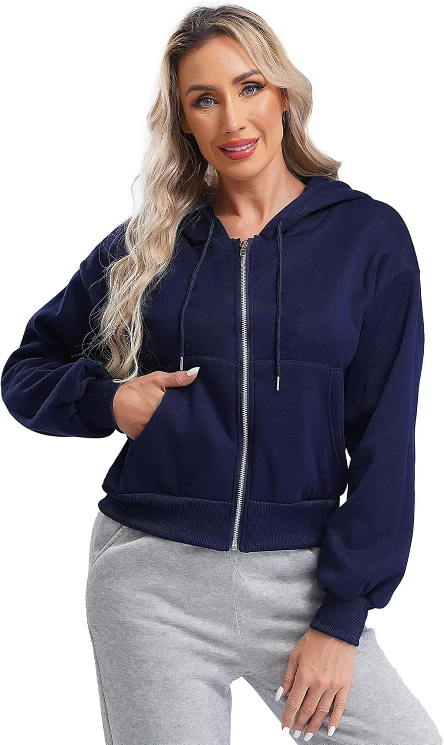 ACSUSS Women's Zip Up Hoodies Fleece Cropped Jacket Drawstring Casual Long Sleeve Hooded Sweatshirts
