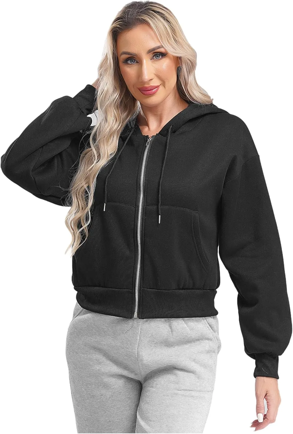 ACSUSS Women's Zip Up Hoodies Fleece Cropped Jacket Drawstring Casual Long Sleeve Hooded Sweatshirts