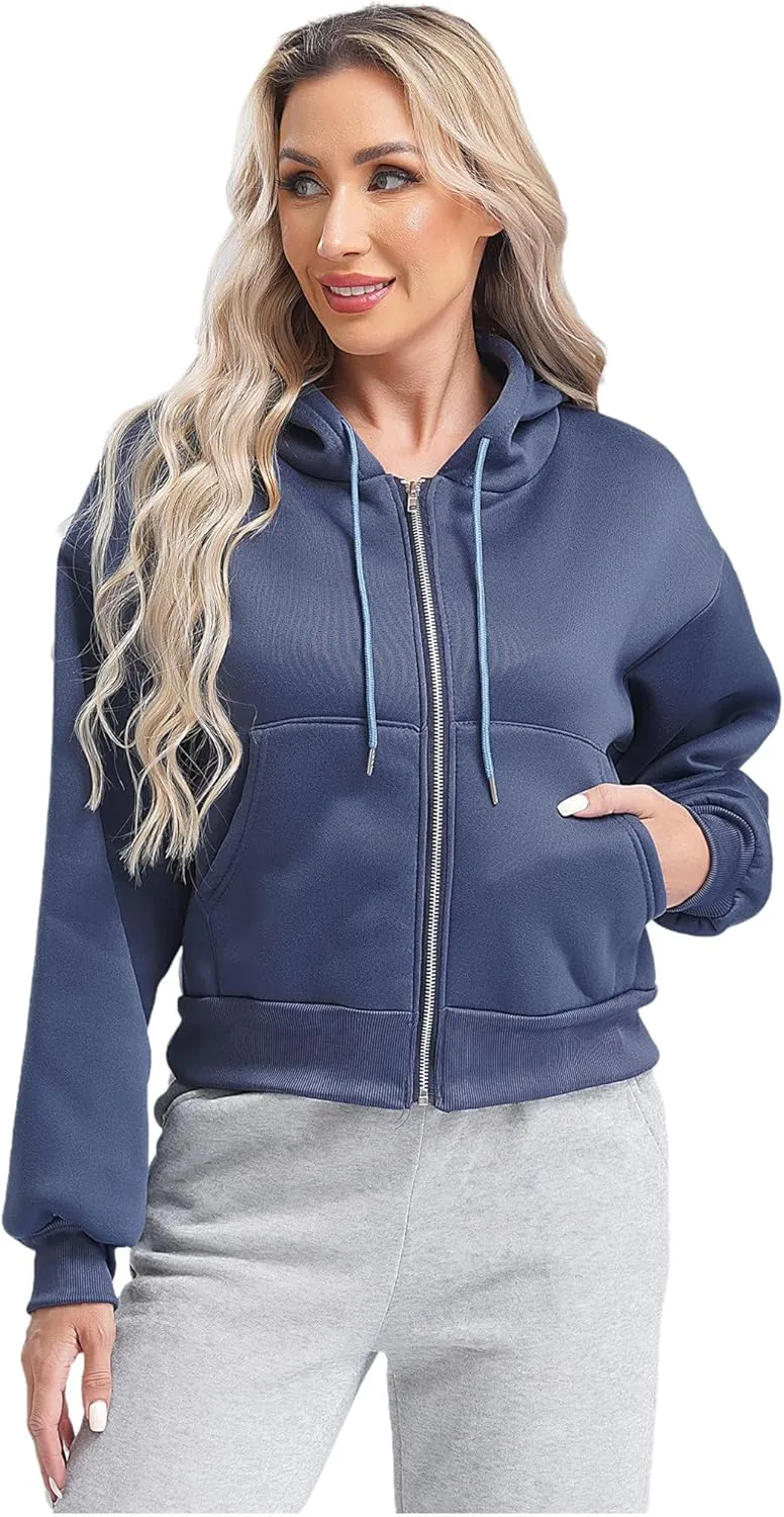 ACSUSS Women's Zip Up Hoodies Fleece Cropped Jacket Drawstring Casual Long Sleeve Hooded Sweatshirts