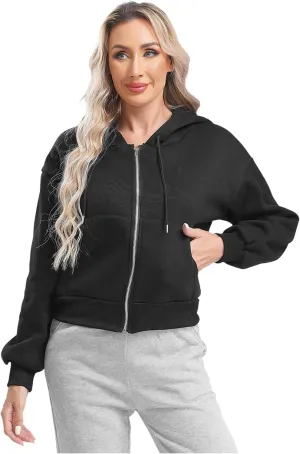 ACSUSS Women's Zip Up Hoodies Fleece Cropped Jacket Drawstring Casual Long Sleeve Hooded Sweatshirts