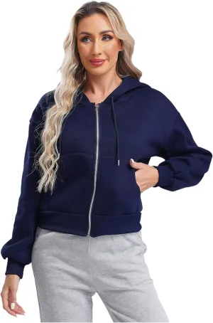 ACSUSS Women's Zip Up Hoodies Fleece Cropped Jacket Drawstring Casual Long Sleeve Hooded Sweatshirts