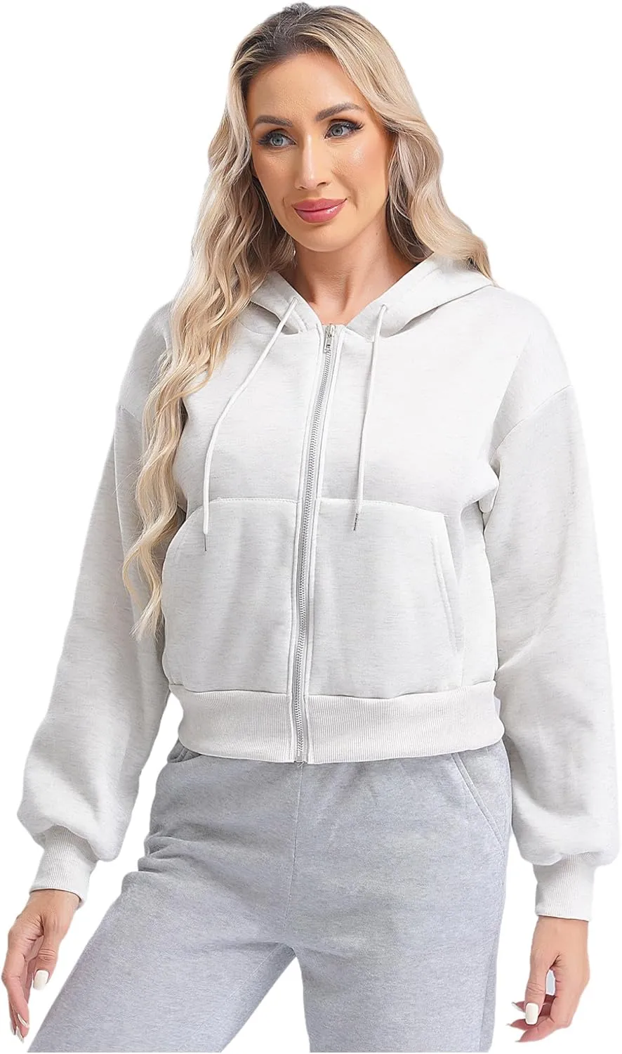 ACSUSS Women's Zip Up Hoodies Fleece Cropped Jacket Drawstring Casual Long Sleeve Hooded Sweatshirts