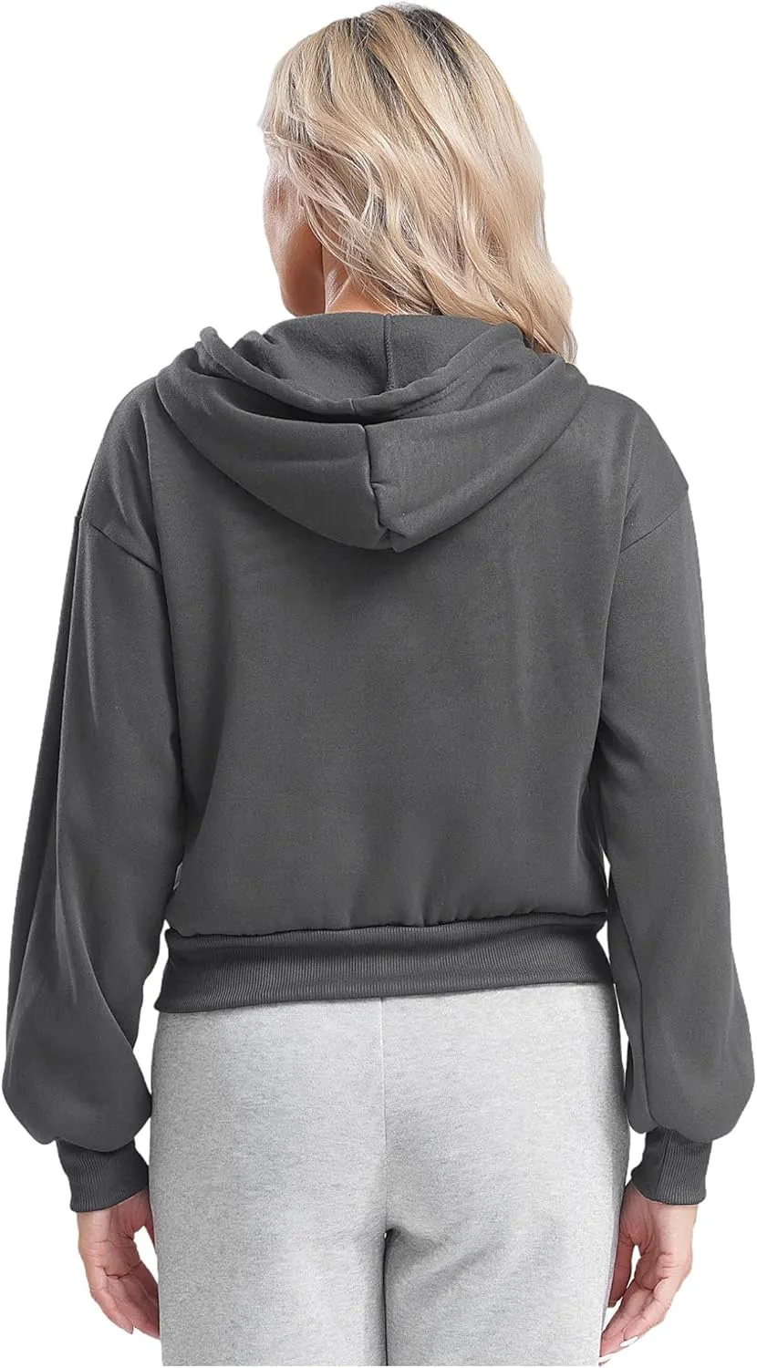 ACSUSS Women's Zip Up Hoodies Fleece Cropped Jacket Drawstring Casual Long Sleeve Hooded Sweatshirts