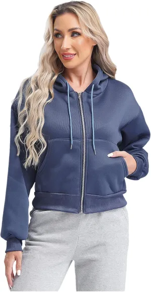 ACSUSS Women's Zip Up Hoodies Fleece Cropped Jacket Drawstring Casual Long Sleeve Hooded Sweatshirts