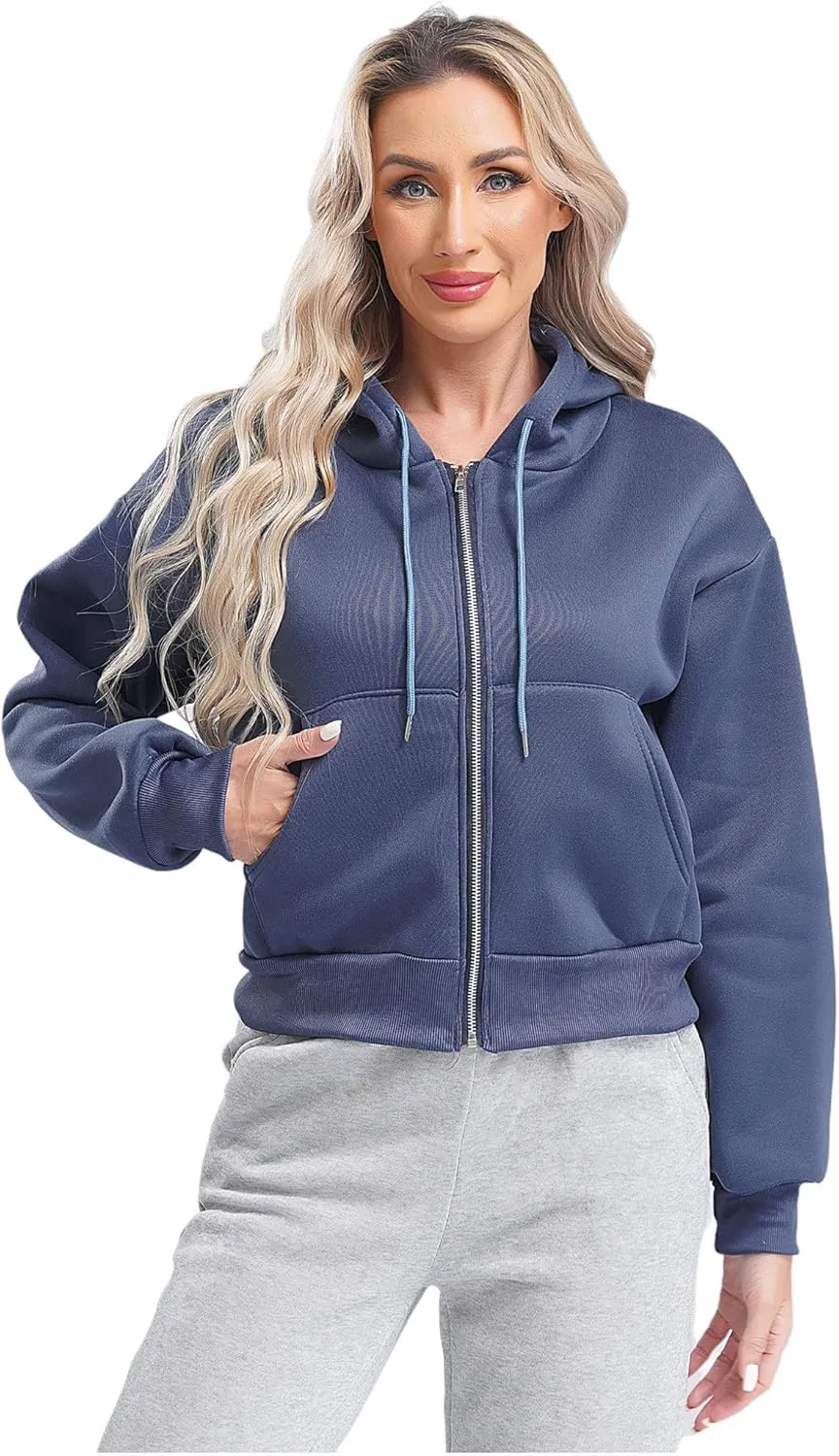 ACSUSS Women's Zip Up Hoodies Fleece Cropped Jacket Drawstring Casual Long Sleeve Hooded Sweatshirts