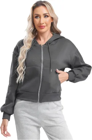 ACSUSS Women's Zip Up Hoodies Fleece Cropped Jacket Drawstring Casual Long Sleeve Hooded Sweatshirts