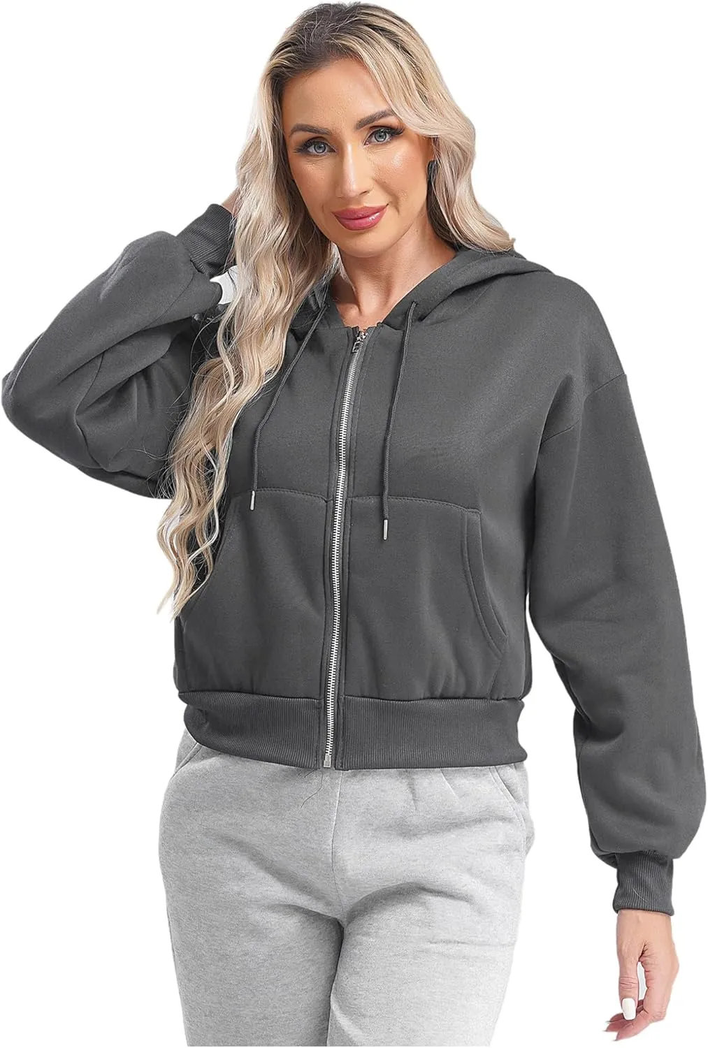 ACSUSS Women's Zip Up Hoodies Fleece Cropped Jacket Drawstring Casual Long Sleeve Hooded Sweatshirts