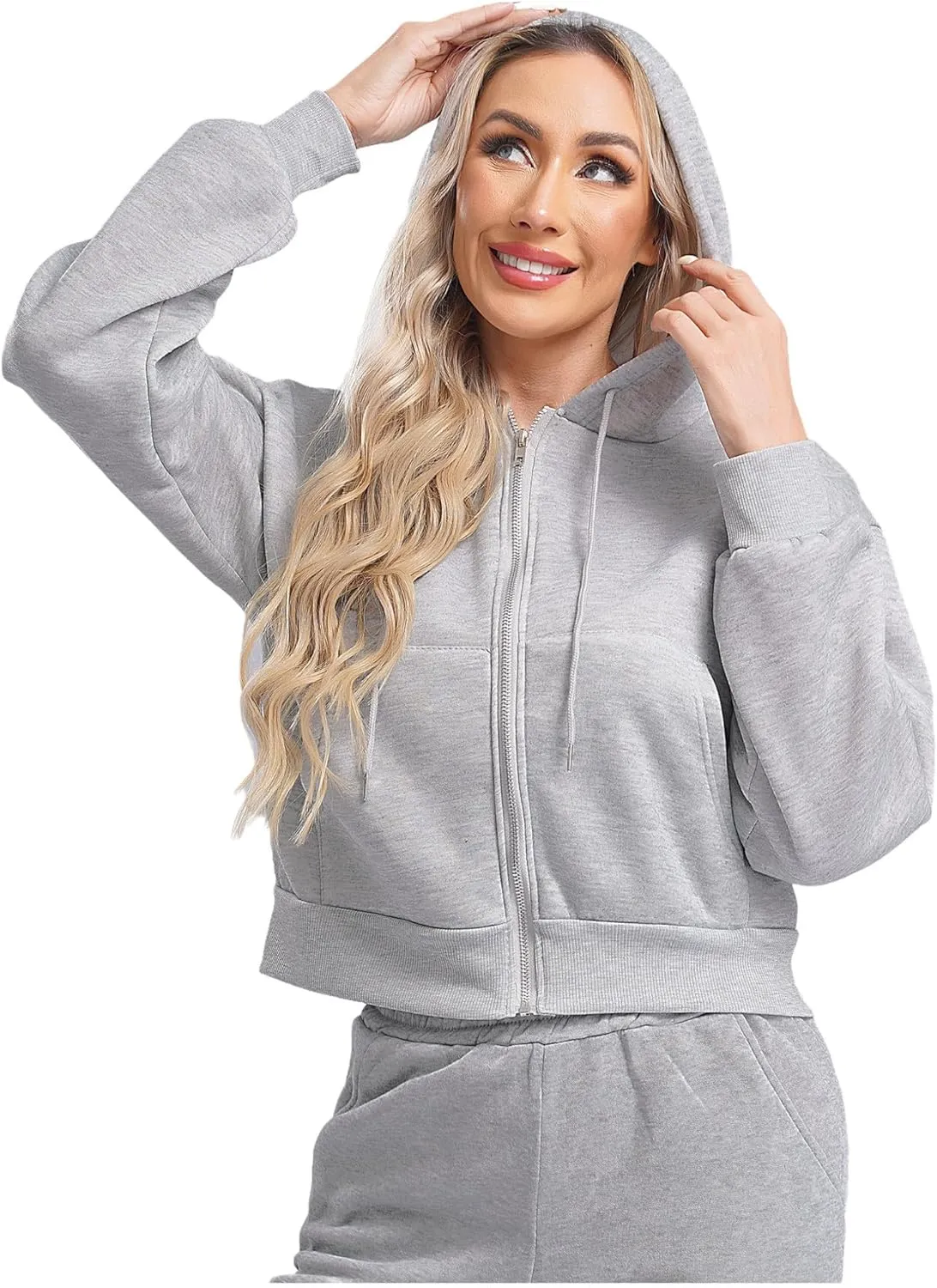 ACSUSS Women's Zip Up Hoodies Fleece Cropped Jacket Drawstring Casual Long Sleeve Hooded Sweatshirts