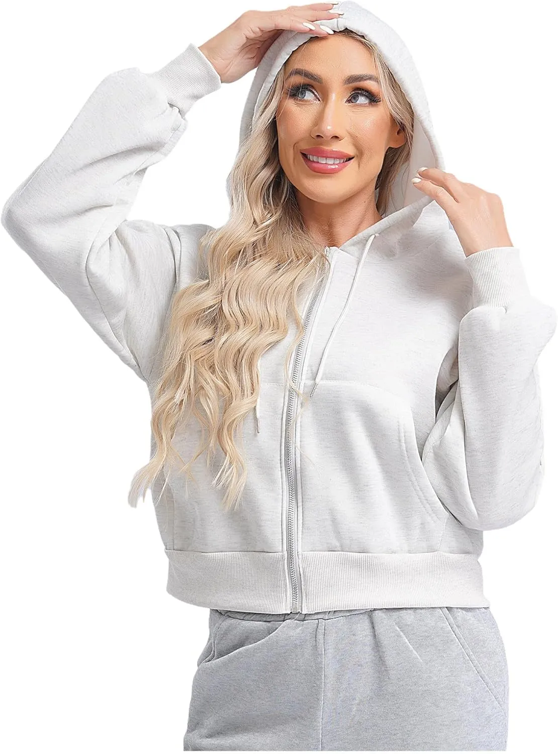 ACSUSS Women's Zip Up Hoodies Fleece Cropped Jacket Drawstring Casual Long Sleeve Hooded Sweatshirts