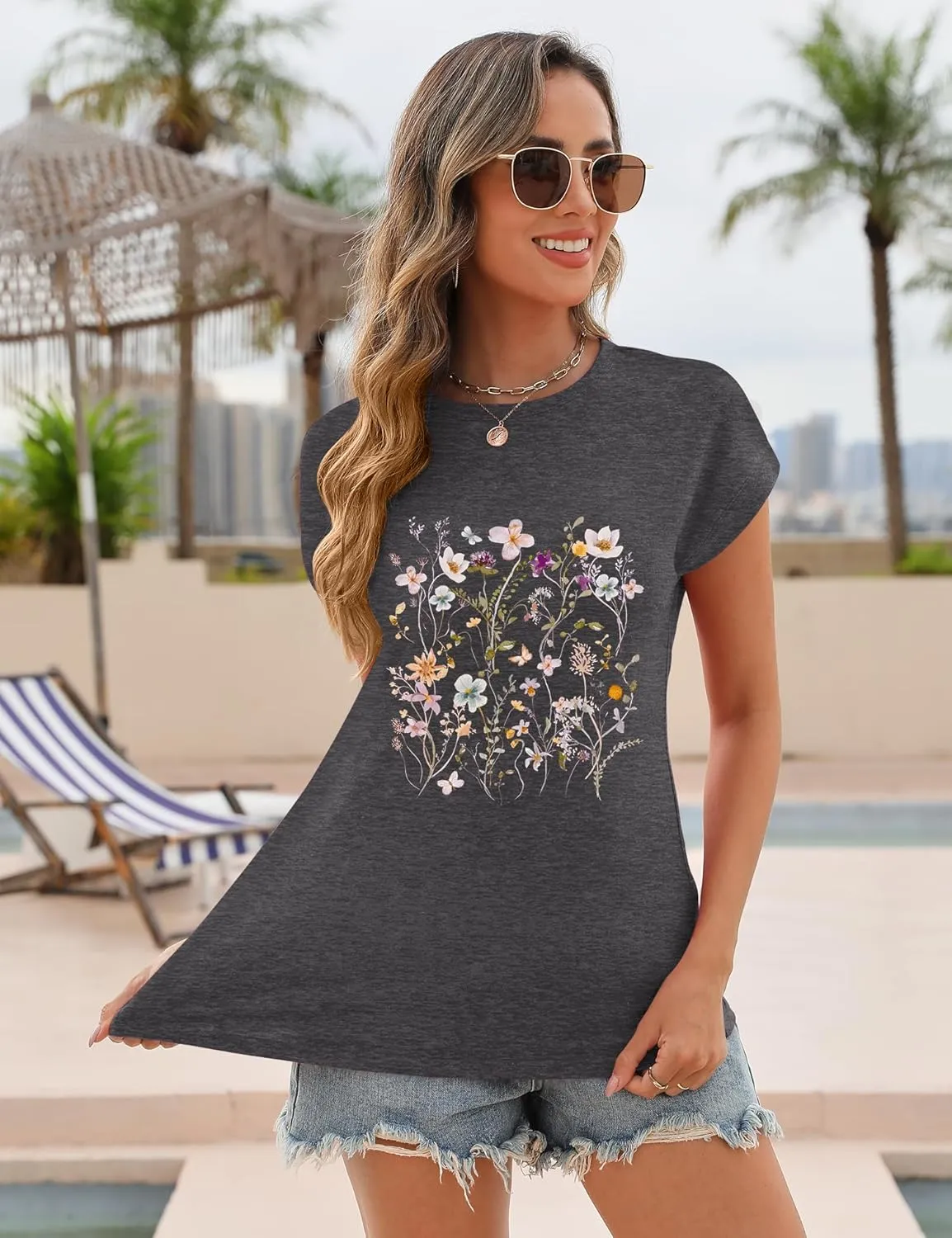 AKEWEI Womens Vintage Flower Print T Shirt Funny Cute Animal Graphic Tees Tops Loose Casual Outdoor Shirt