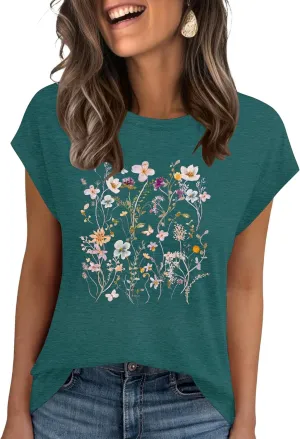 AKEWEI Womens Vintage Flower Print T Shirt Funny Cute Animal Graphic Tees Tops Loose Casual Outdoor Shirt
