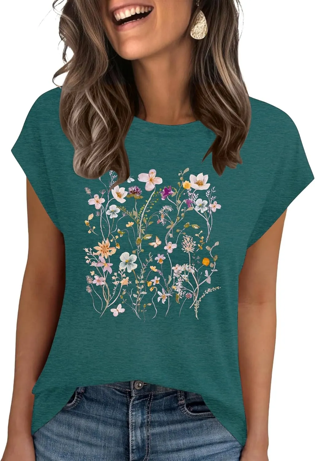 AKEWEI Womens Vintage Flower Print T Shirt Funny Cute Animal Graphic Tees Tops Loose Casual Outdoor Shirt