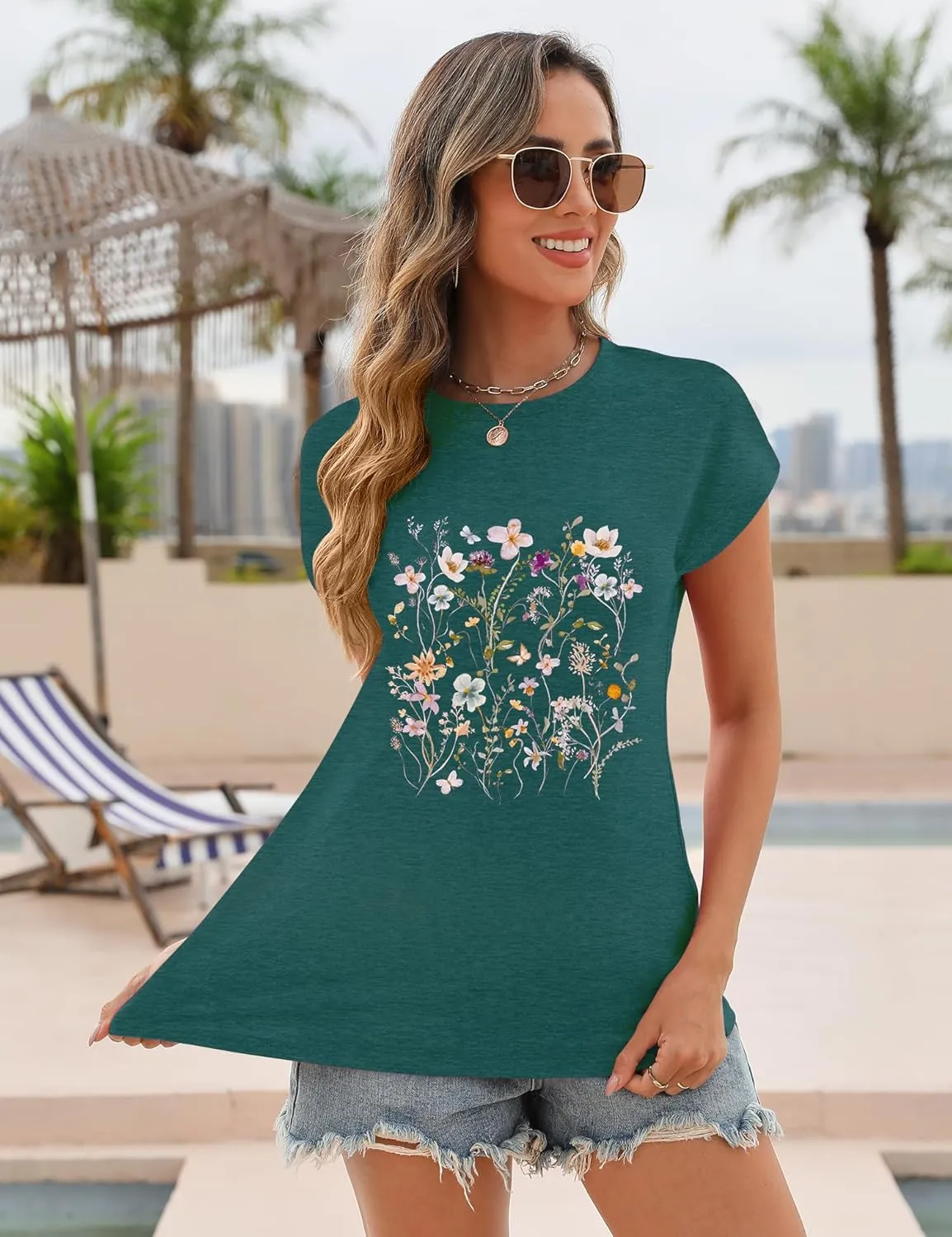 AKEWEI Womens Vintage Flower Print T Shirt Funny Cute Animal Graphic Tees Tops Loose Casual Outdoor Shirt