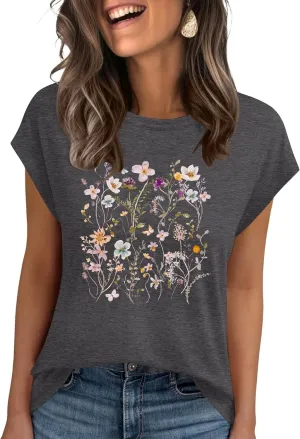 AKEWEI Womens Vintage Flower Print T Shirt Funny Cute Animal Graphic Tees Tops Loose Casual Outdoor Shirt