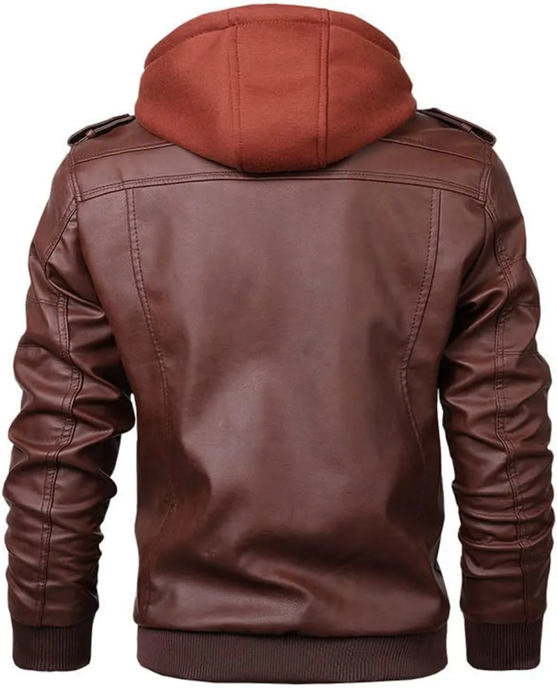Alloaone Men Leather Jacket Motorcycle Pu Hooded Jacket Motorcycle Rider Leather Coat
