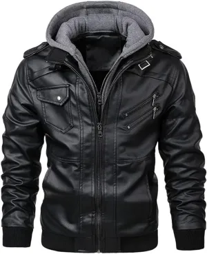 Alloaone Men Leather Jacket Motorcycle Pu Hooded Jacket Motorcycle Rider Leather Coat