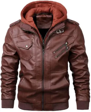 Alloaone Men Leather Jacket Motorcycle Pu Hooded Jacket Motorcycle Rider Leather Coat