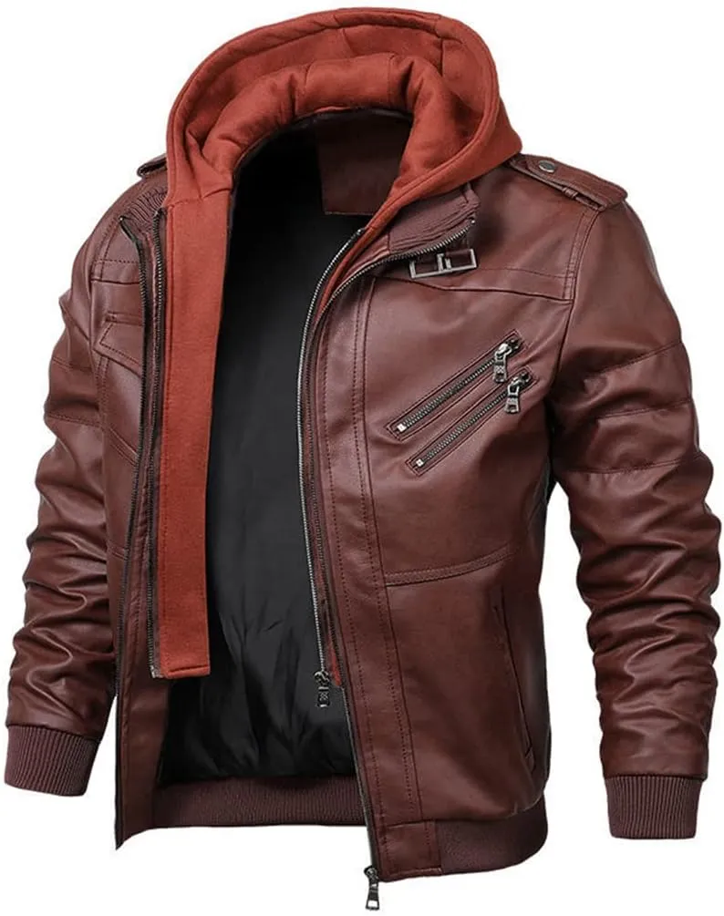 Alloaone Men Leather Jacket Motorcycle Pu Hooded Jacket Motorcycle Rider Leather Coat