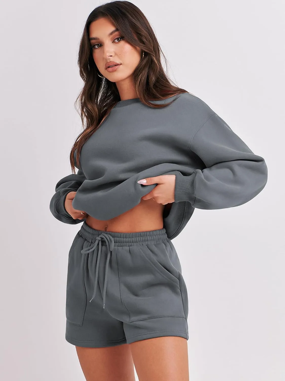 ANRABESS Women 2 Piece Outfits Sweat Shorts Sets 2025 Oversized Casual Lounge Matching Set Sweatsuit Tracksuit Clothes