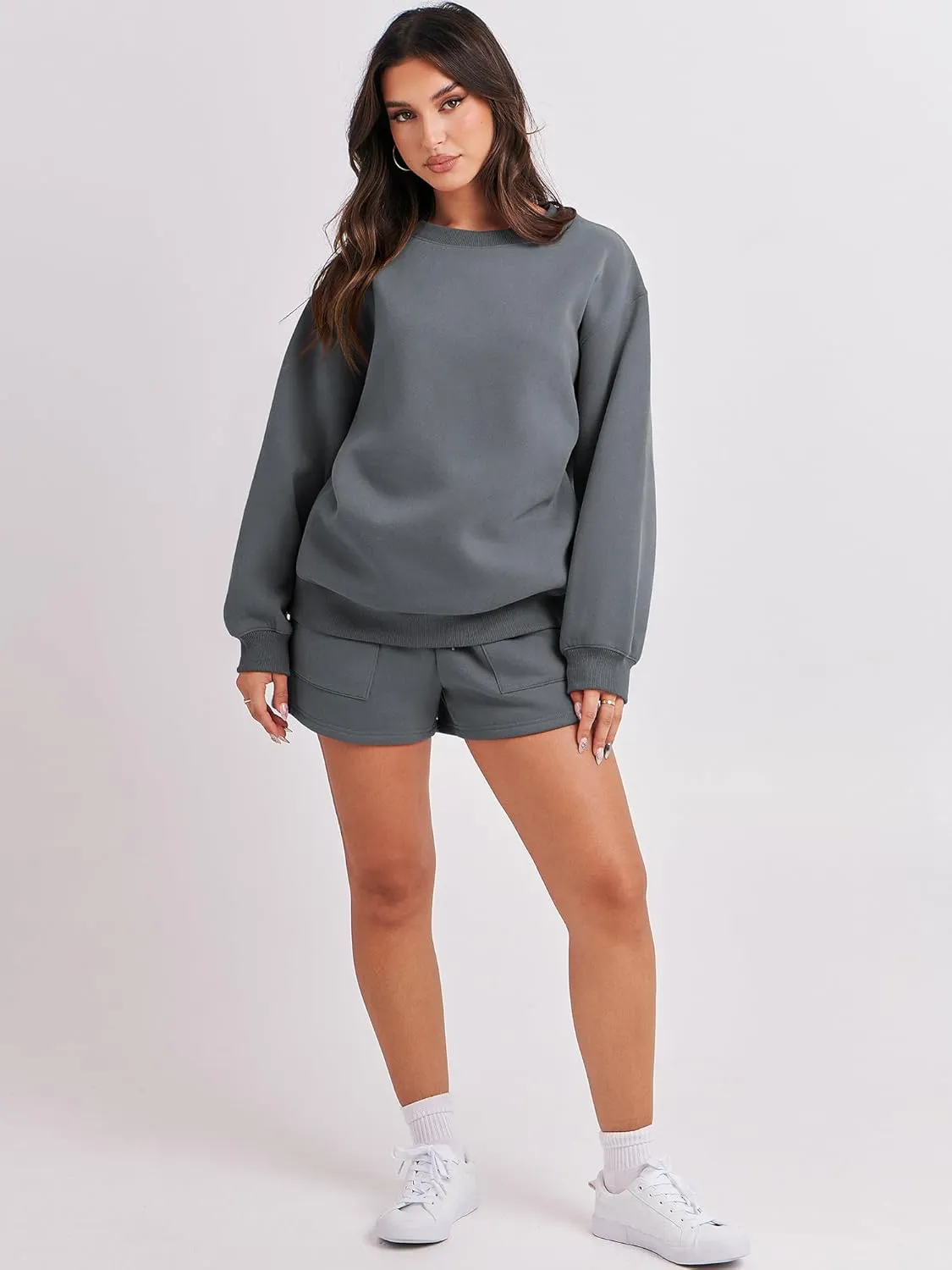 ANRABESS Women 2 Piece Outfits Sweat Shorts Sets 2025 Oversized Casual Lounge Matching Set Sweatsuit Tracksuit Clothes