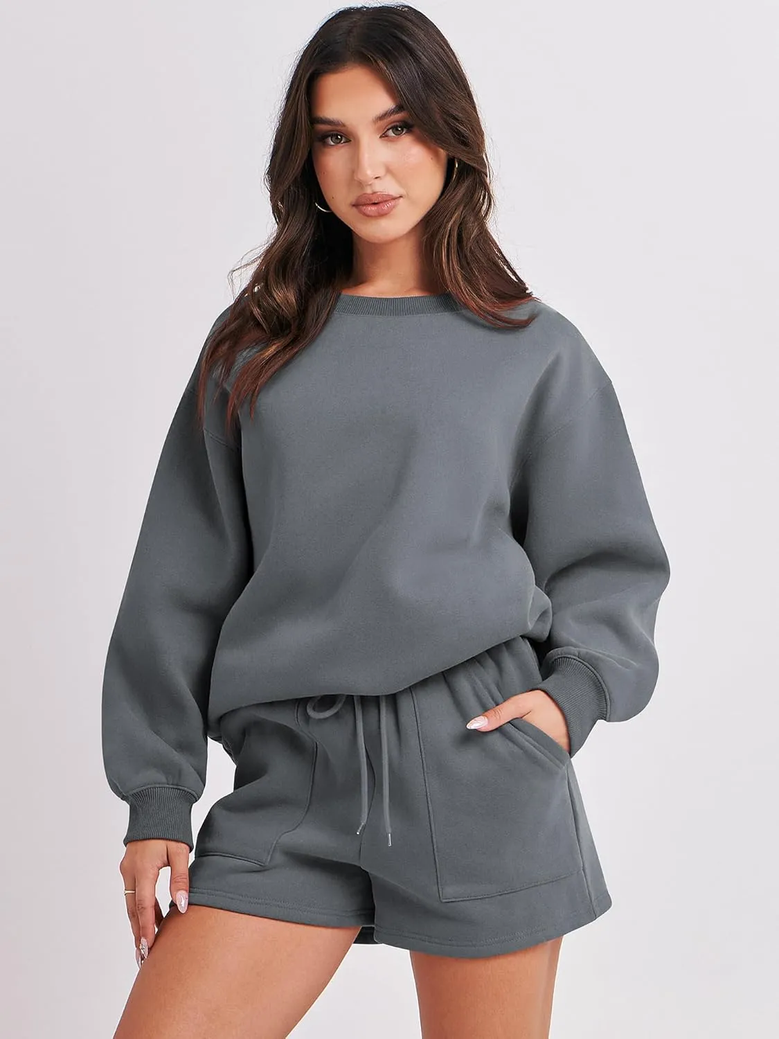 ANRABESS Women 2 Piece Outfits Sweat Shorts Sets 2025 Oversized Casual Lounge Matching Set Sweatsuit Tracksuit Clothes