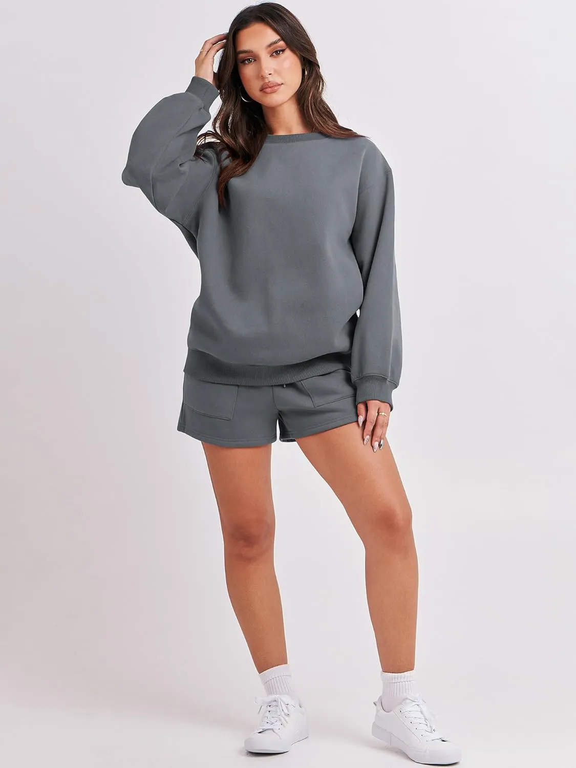 ANRABESS Women 2 Piece Outfits Sweat Shorts Sets 2025 Oversized Casual Lounge Matching Set Sweatsuit Tracksuit Clothes