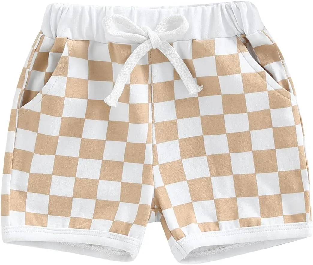 Baby Boy Cotton Shorts Toddler Boys Summer Checkerboard Jogger Shorts Elastic Waist Casual Short Pants with Pockets