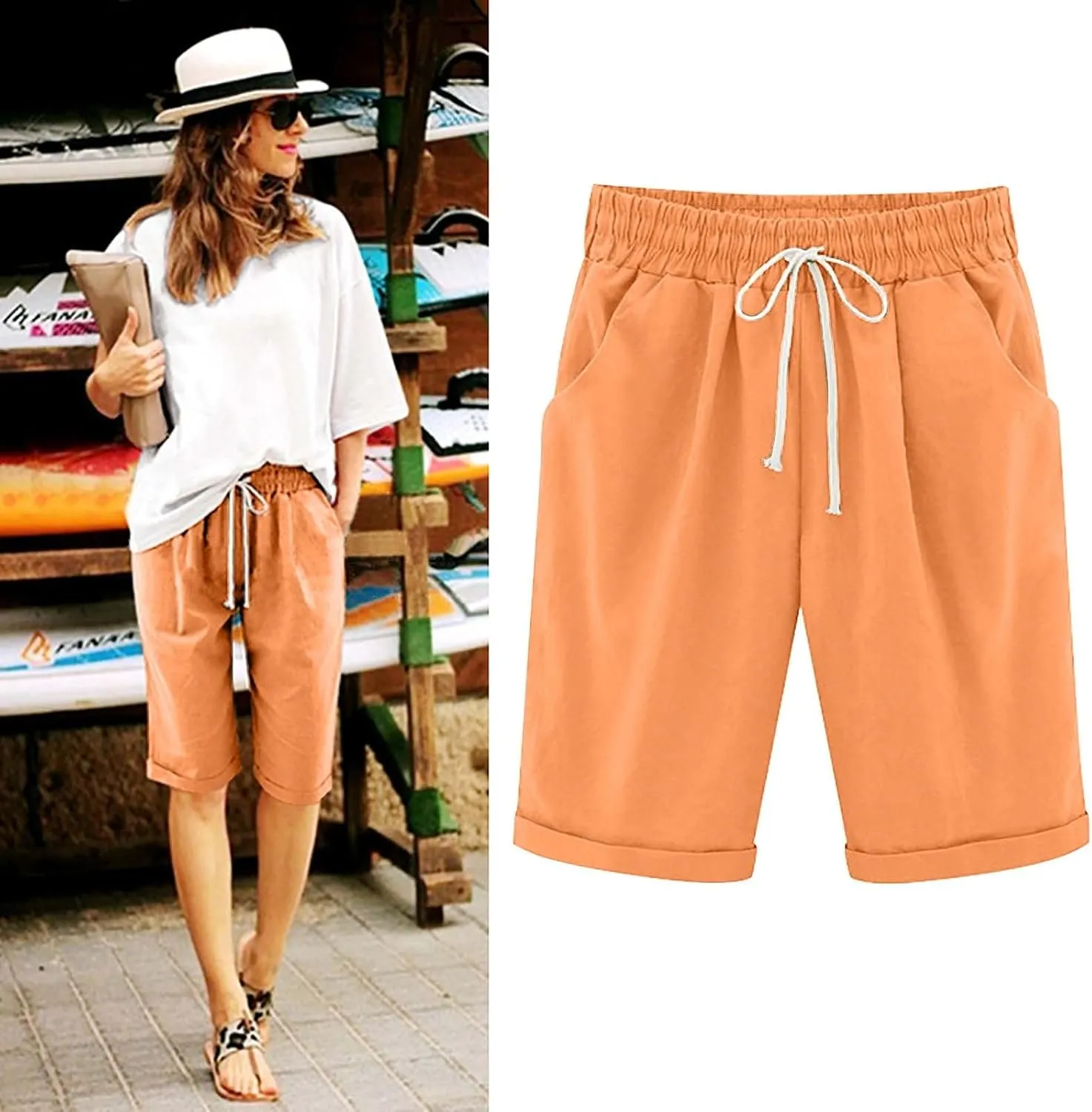 Bermuda Shorts for Women Summer Casual Linen Pants Knee Length Bermuda Short Elastic Waist Drawstring Pocket Capris