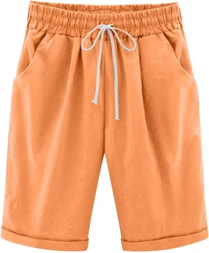 Bermuda Shorts for Women Summer Casual Linen Pants Knee Length Bermuda Short Elastic Waist Drawstring Pocket Capris