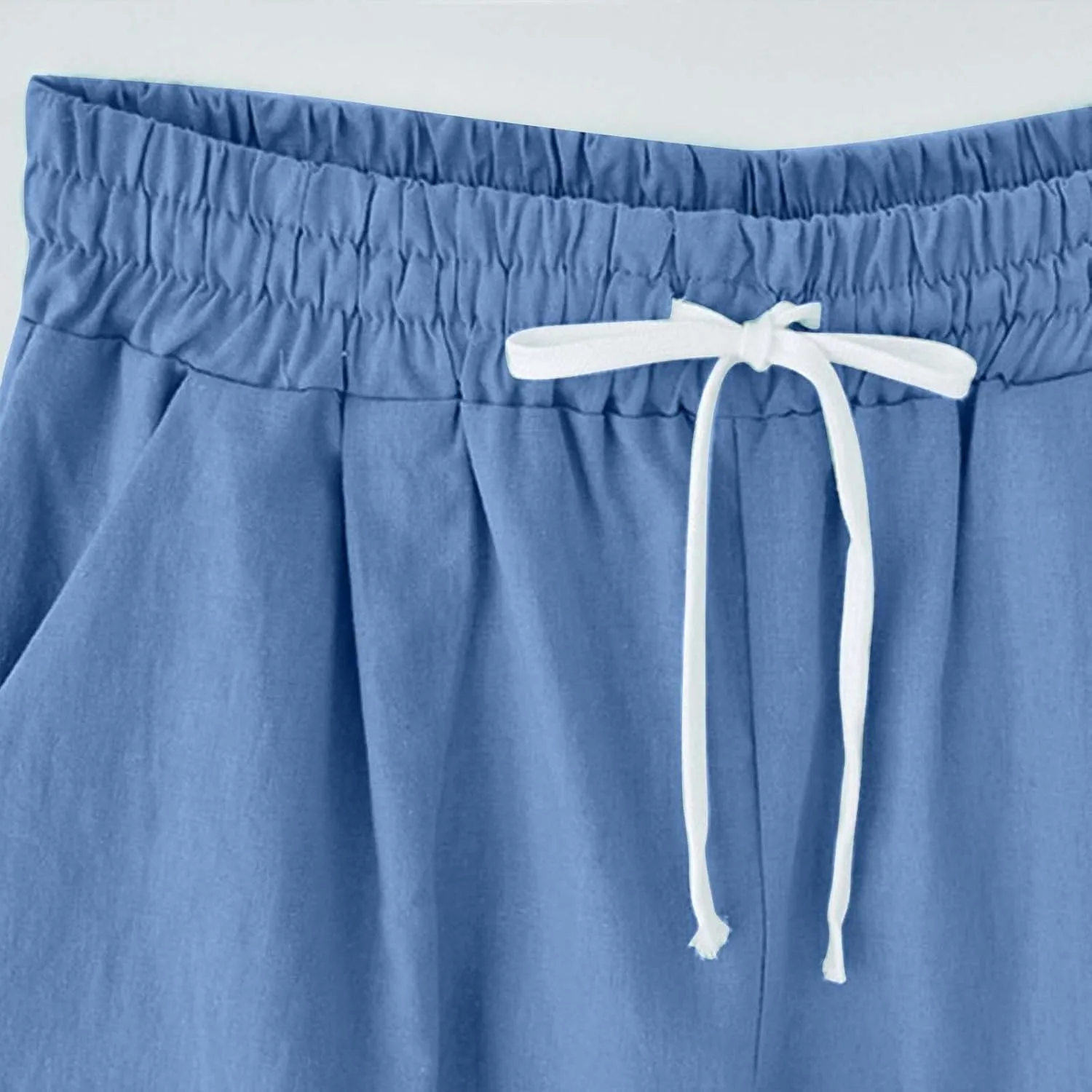 Bermuda Shorts for Women Summer Casual Linen Pants Knee Length Bermuda Short Elastic Waist Drawstring Pocket Capris