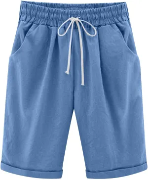 Bermuda Shorts for Women Summer Casual Linen Pants Knee Length Bermuda Short Elastic Waist Drawstring Pocket Capris