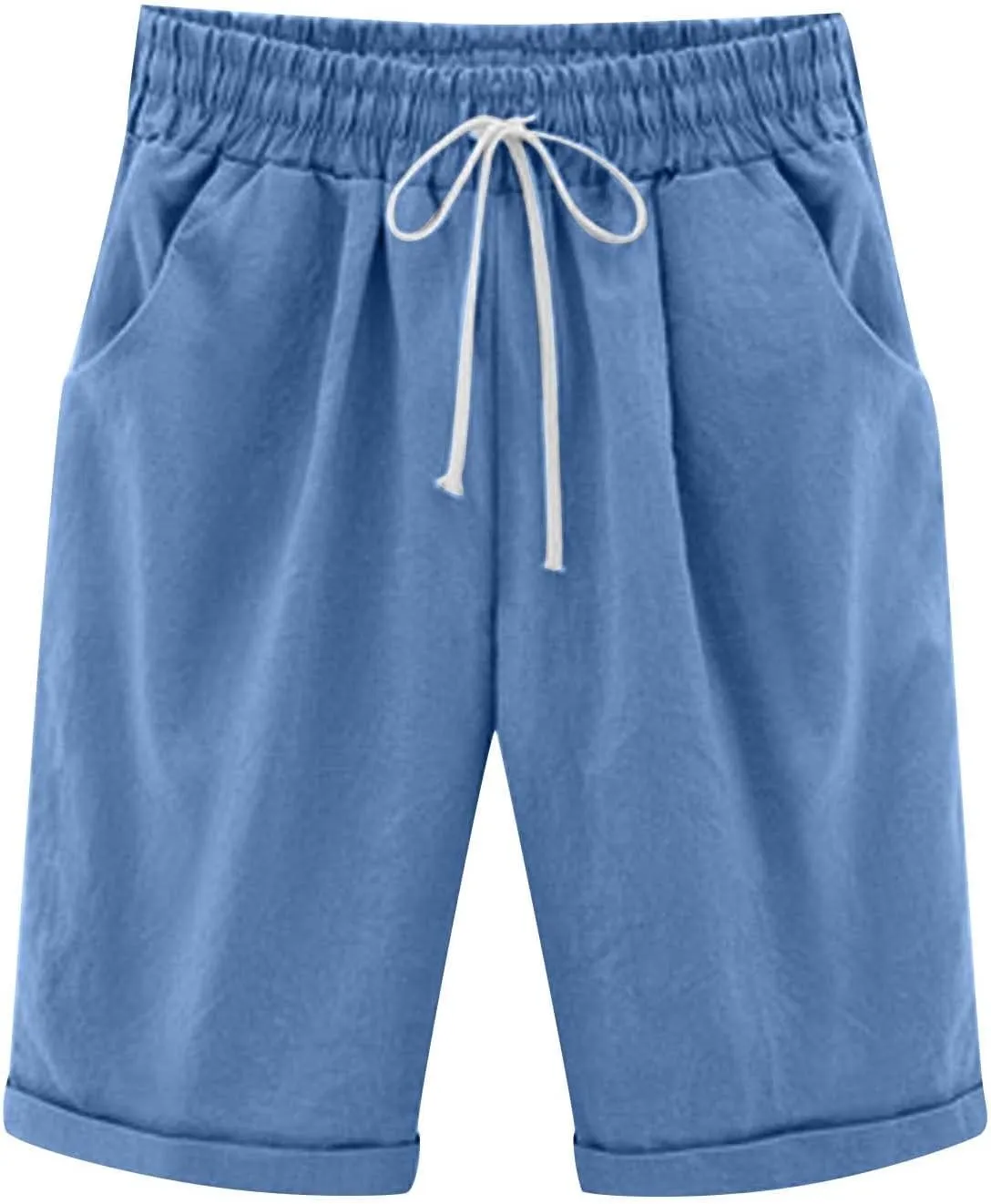 Bermuda Shorts for Women Summer Casual Linen Pants Knee Length Bermuda Short Elastic Waist Drawstring Pocket Capris