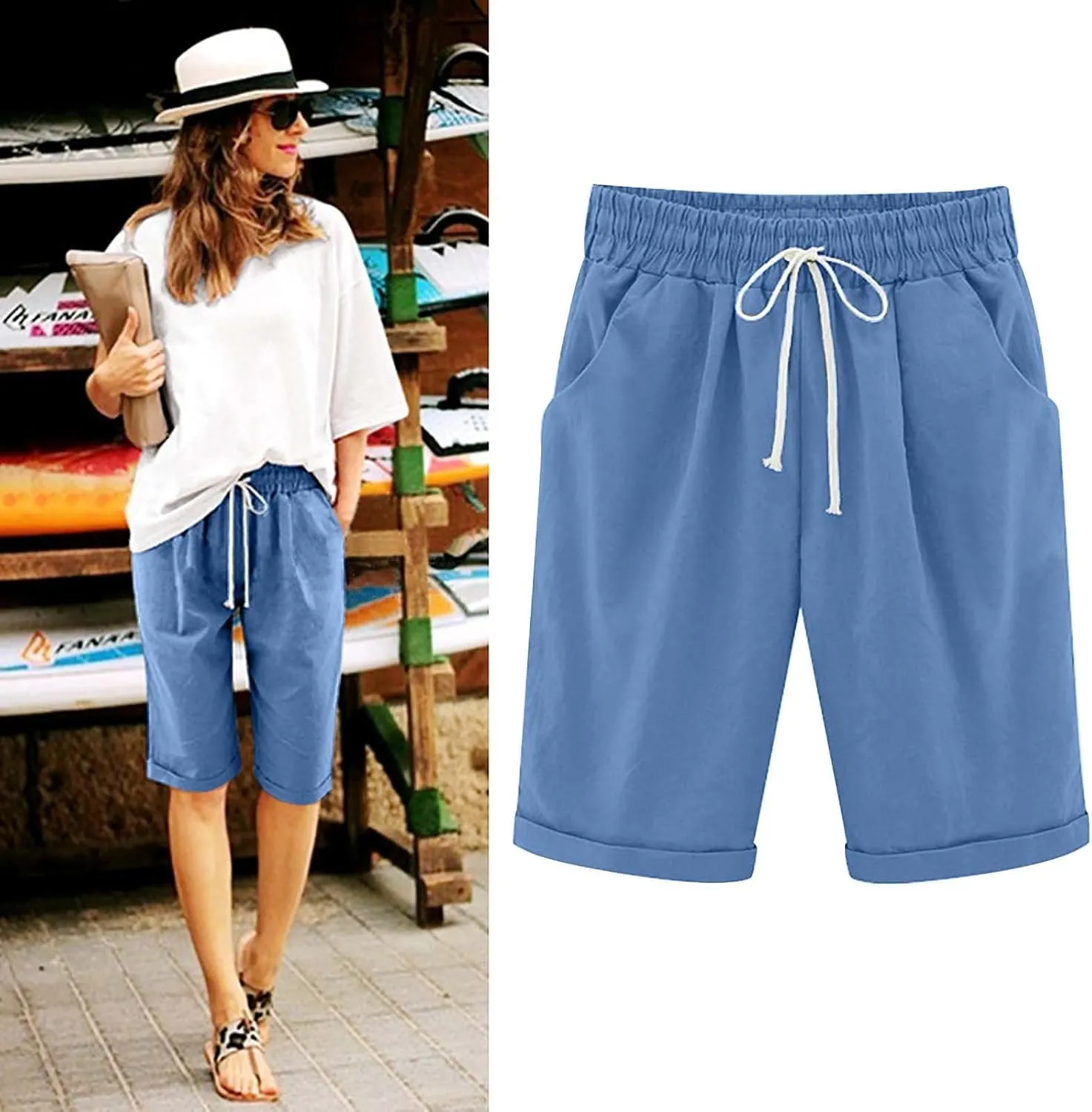 Bermuda Shorts for Women Summer Casual Linen Pants Knee Length Bermuda Short Elastic Waist Drawstring Pocket Capris